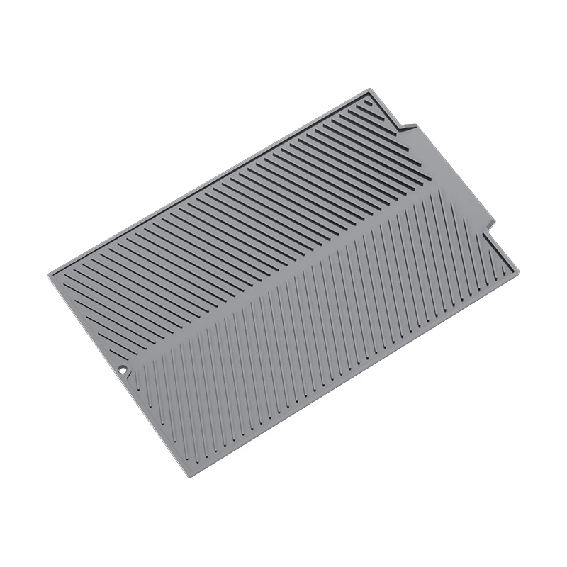Grey rectangular silicone dish drying mat with raised drainage ridges