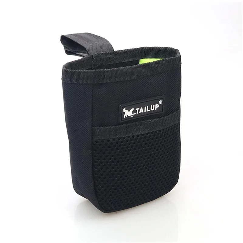 Black pet training pouch with belt clip and front mesh pocket