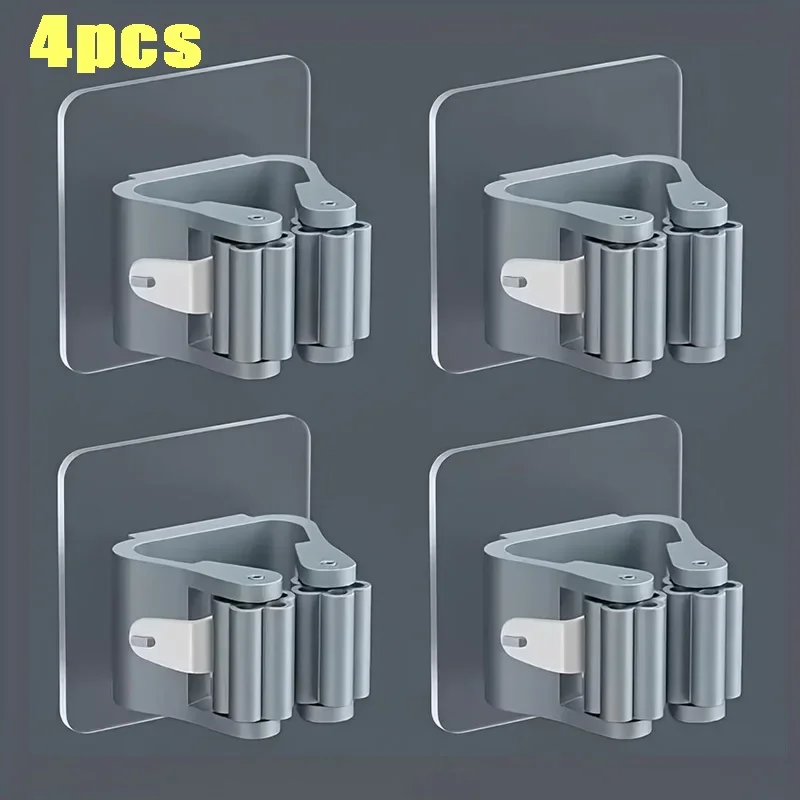 Adhesive Broom Holders – 4-Piece Grey Set