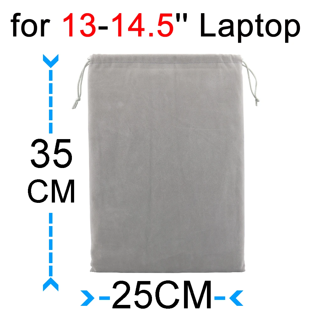 Grey drawstring laptop pouch with supplier dimensions of 35 by 25 cm
