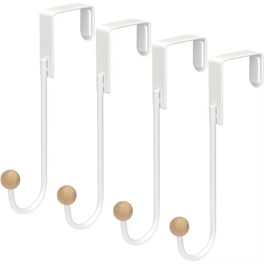 Four white over-door hooks with rounded wooden tips
