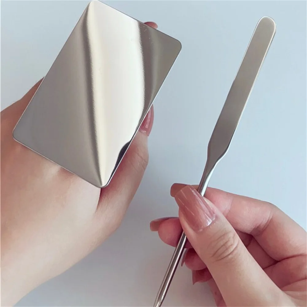 Silver steel makeup mixing palette and spatula